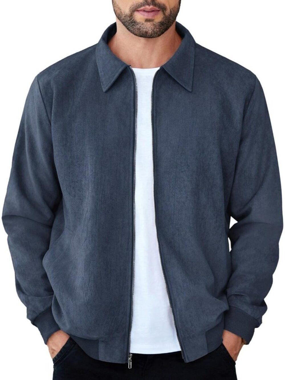 Men's Dark Blue Faux Suede Full Zip Lightweight Casual Imported Bomber Jacket